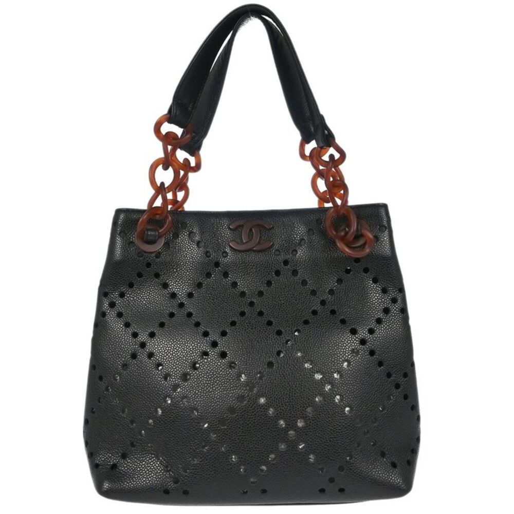 Chanel Vintage Resin Chain Shopping Tote Quilted Caviar Black Leather Tote Bag